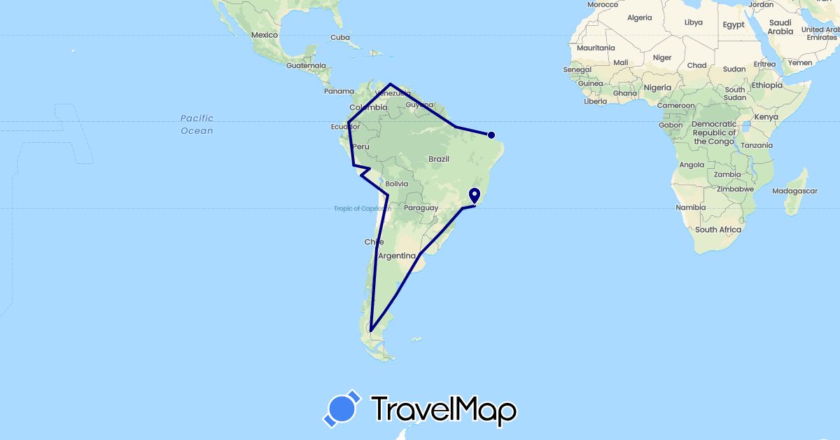 TravelMap itinerary: driving in Argentina, Bolivia, Brazil, Chile, Ecuador, Peru, Venezuela (South America)